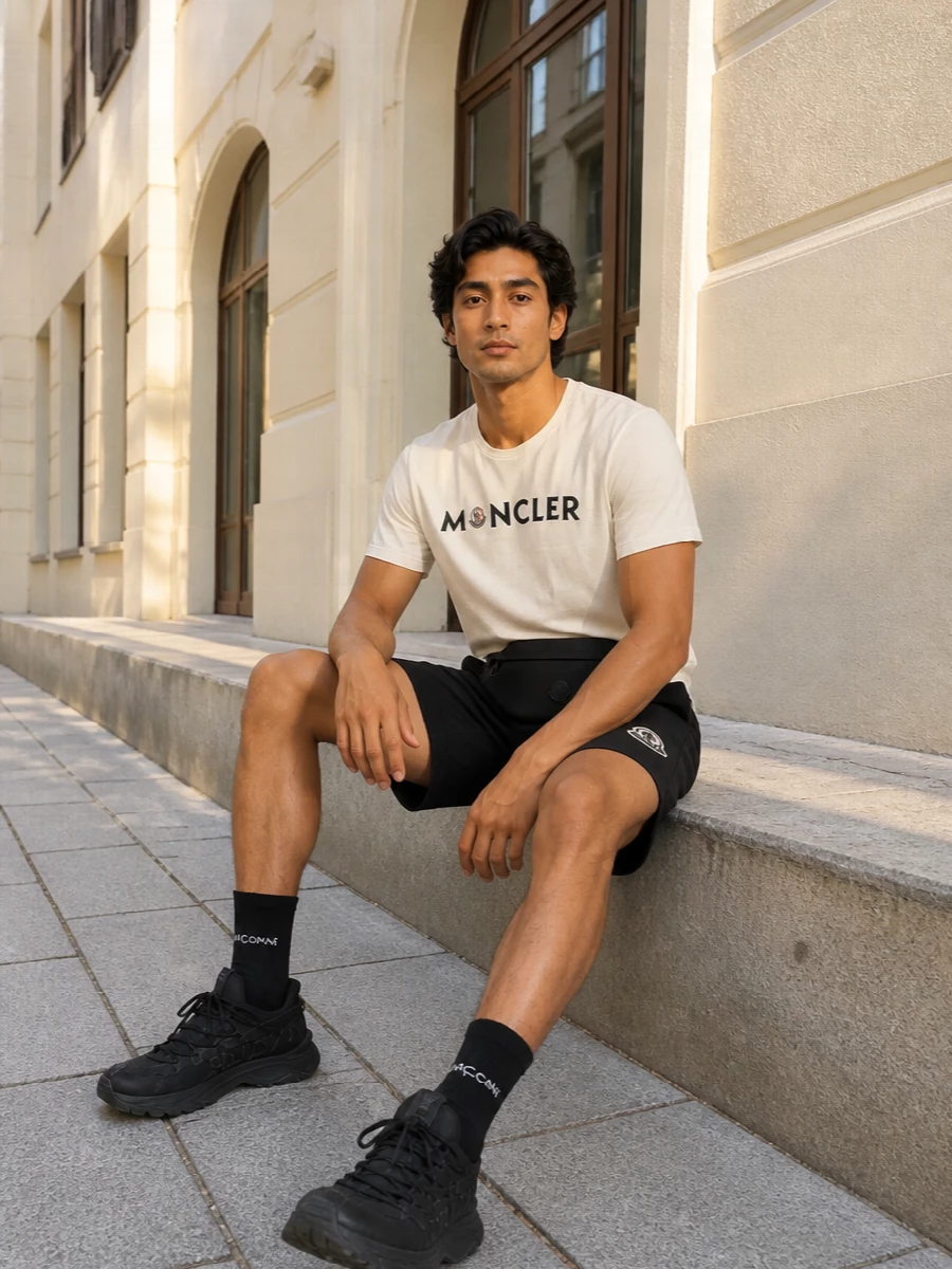 Moncler mens black shorts trail sneaker outfit