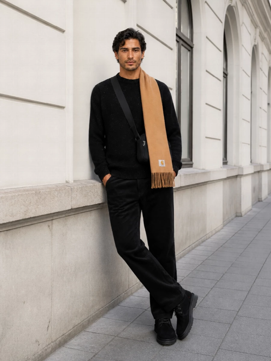 A speckled black crew knit sits over black cord trousers for a tight, utilitarian take on streetwear. Black suede chukkas keep the line clean and grounded, while a compact crossbody and camel scarf add just enough function and warmth without breaking the muted mood.