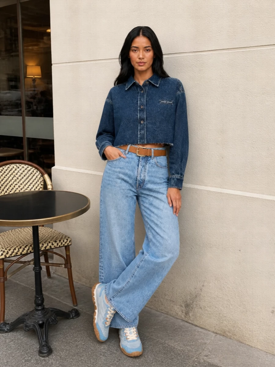 Miu miu wide leg jeans cropped denim shirt outfit