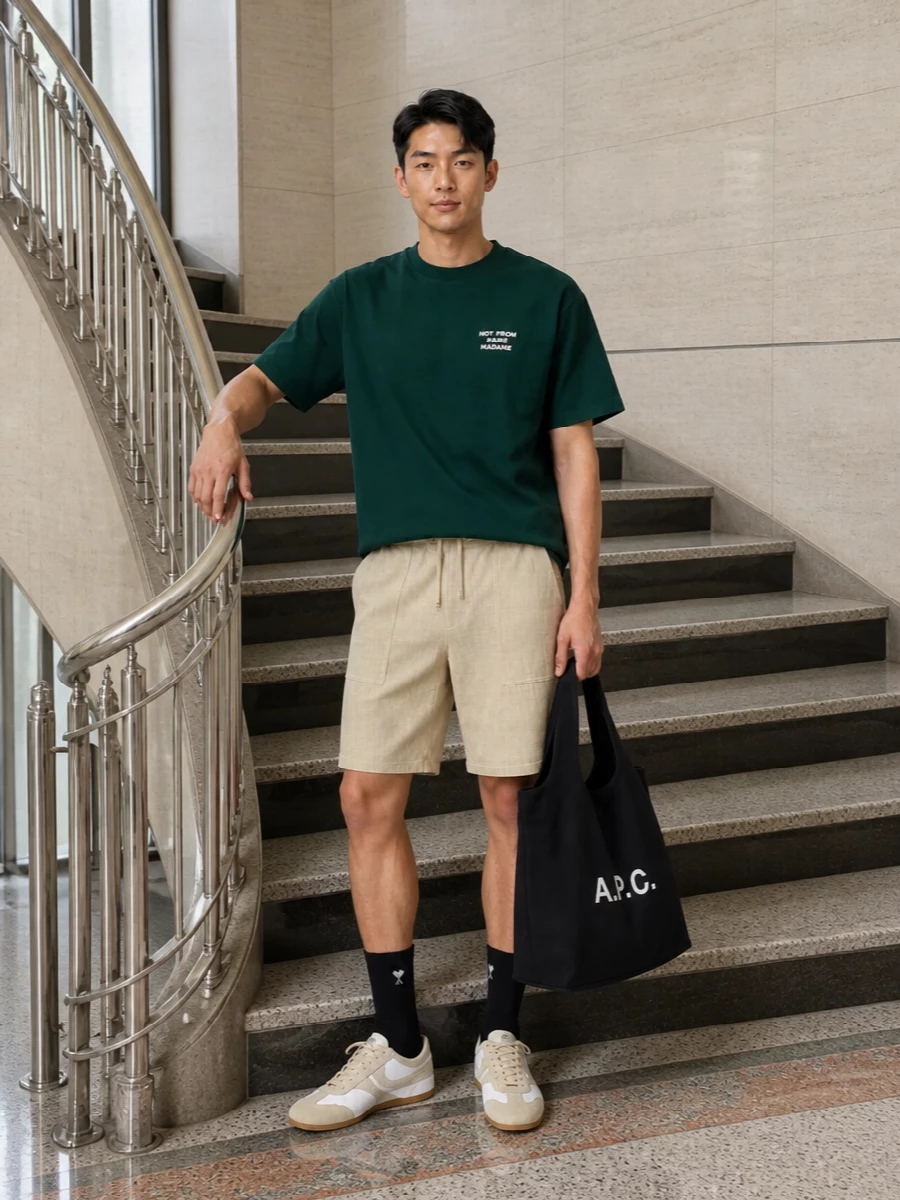 Drole de monsieur green tee beige shorts outfit