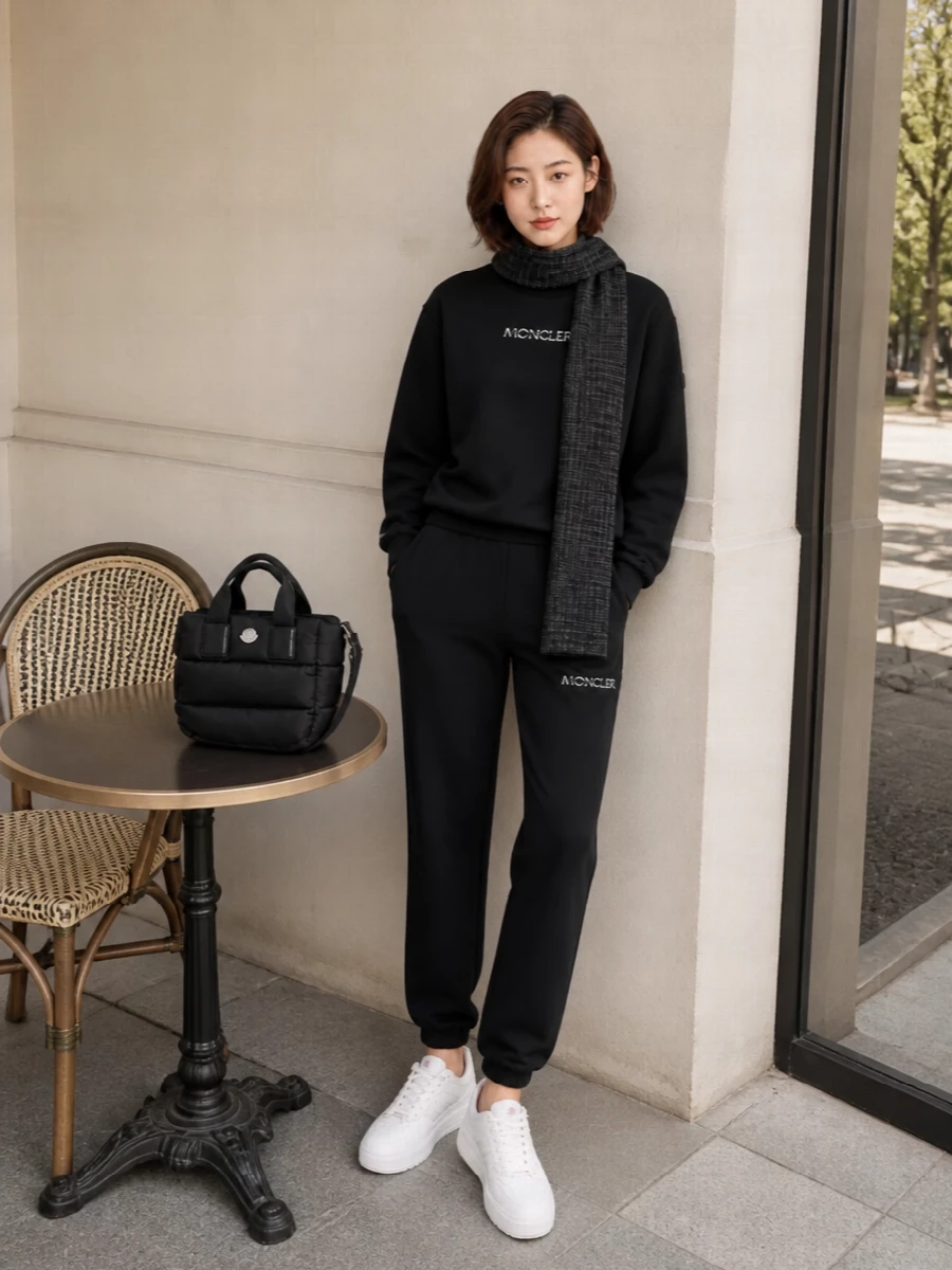 Moncler black sweatshirt joggers sneakers outfit