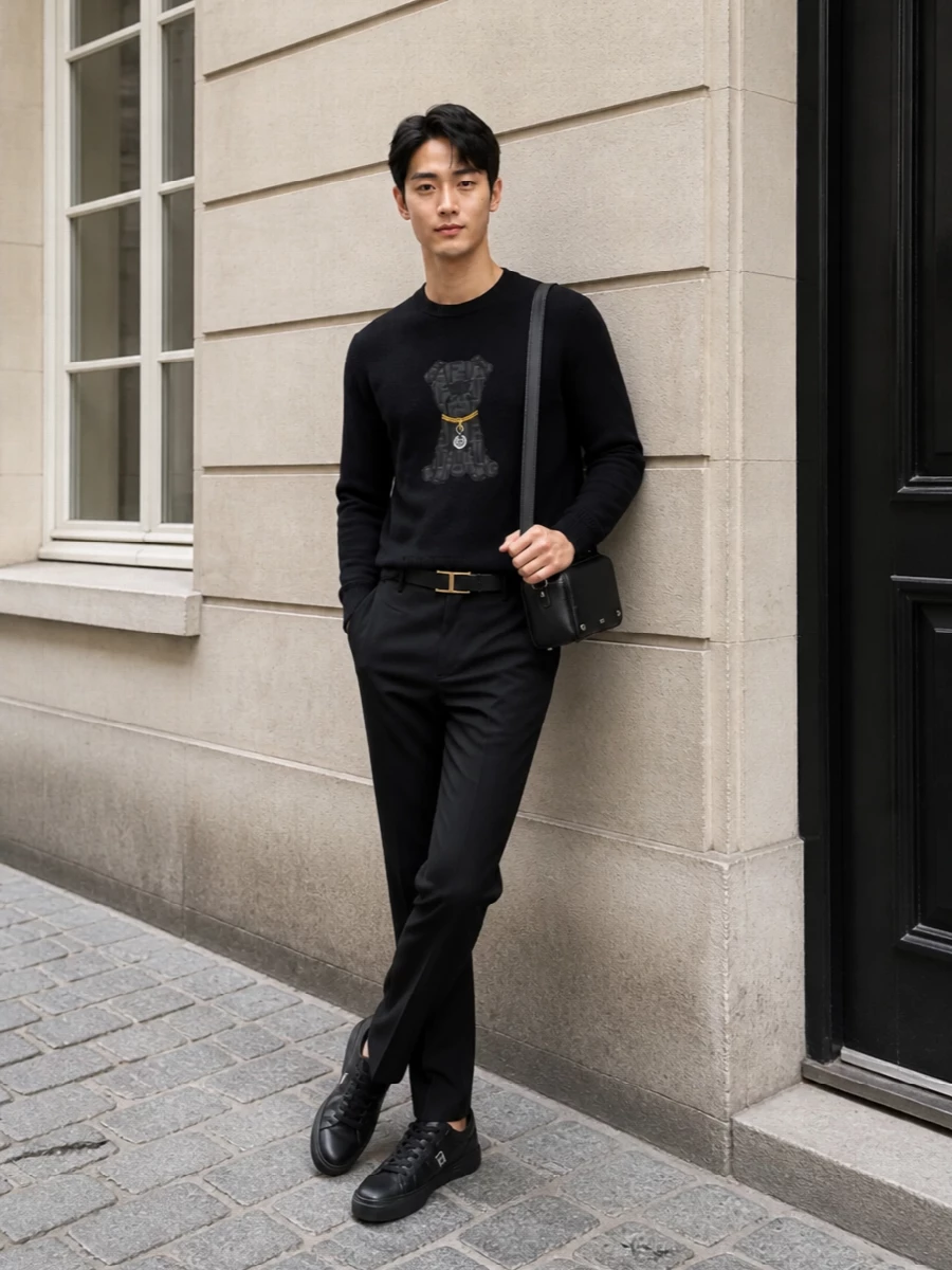 Fendi dog knit black trousers sneakers outfit