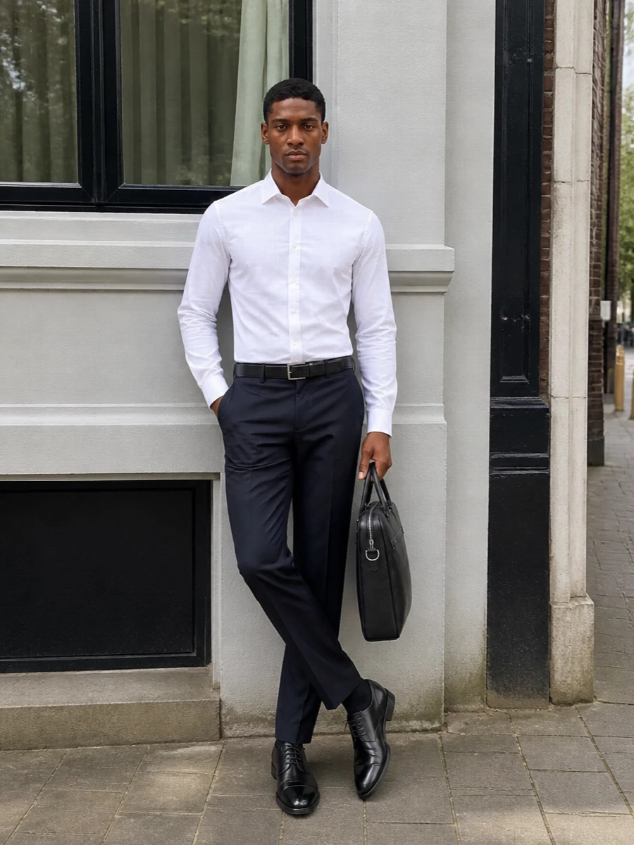 Boss navy trousers white hugo shirt outfit
