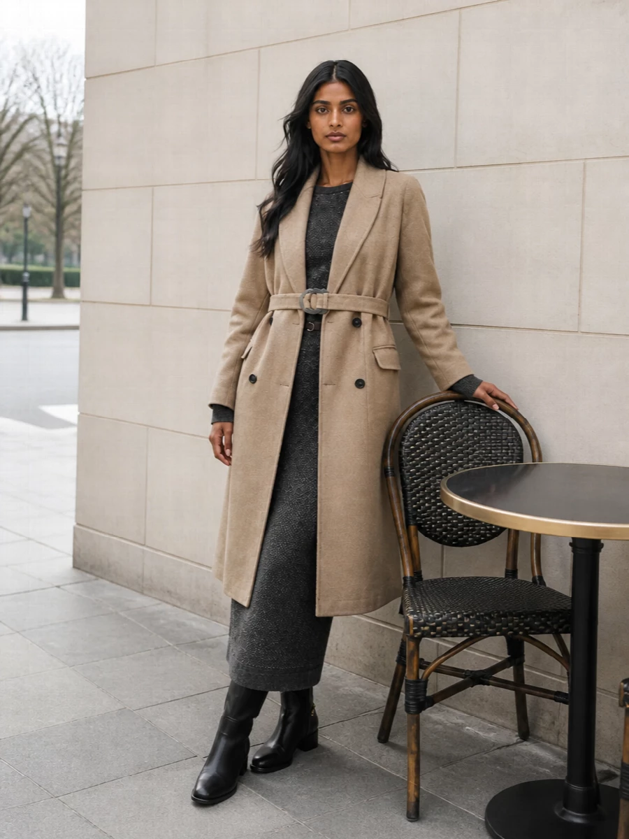 Ferragamo camel coat brunello cucinelli knit dress