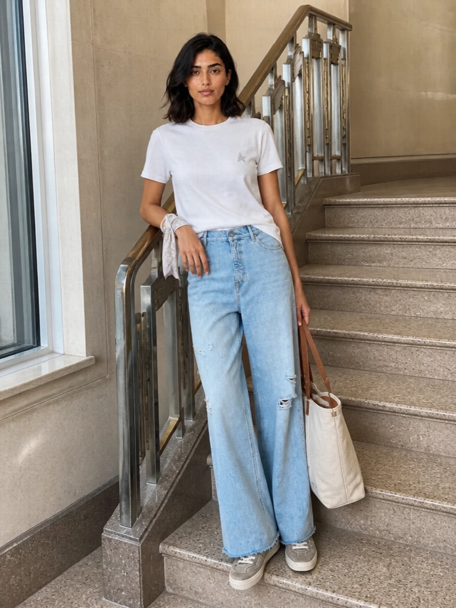 Crisp white and sun-faded blue keep this Golden Goose pairing relaxed yet intentional, with the wide leg balancing the tee’s straight cut. Soft taupe sneakers and a canvas tote stay within a pale, easy palette while the bandana adds just enough detail to feel styled, not styled-up.