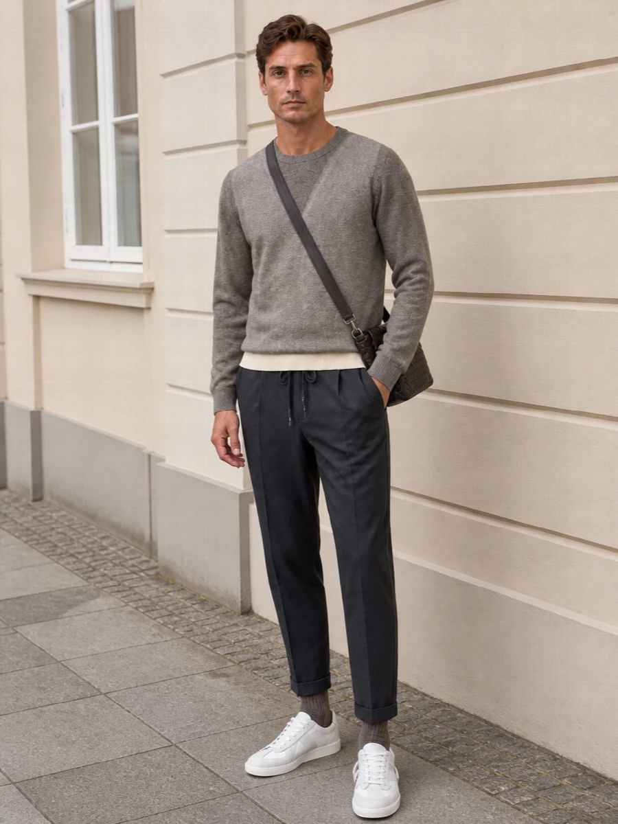 Maison margiela taupe sweater charcoal trousers