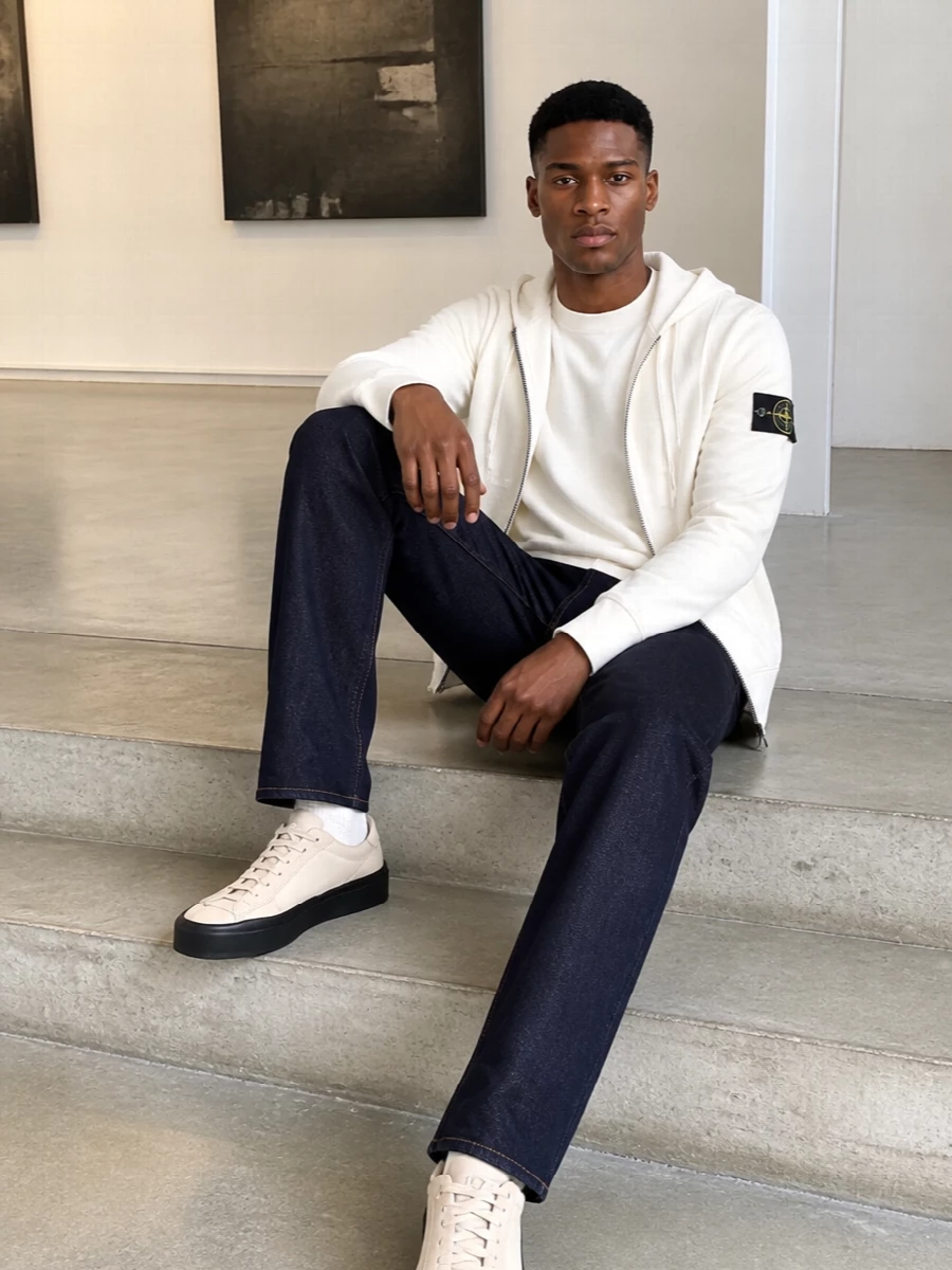 Stone Island neutrals sit over raw indigo here, giving a clean city uniform that works from travel days to long weekends. Off-white layers keep the mood light, while dark denim, a technical backpack and grounded low-tops add structure and intent. It is sport-influenced but quietly refined, the kind of kit you can wear on repeat without it feeling try-hard.