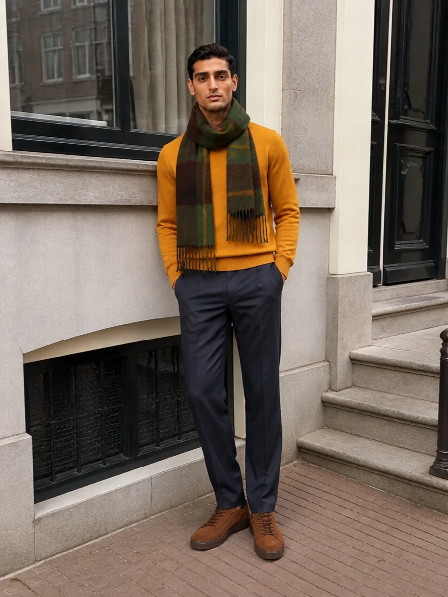 Drumohr mustard sweater herno navy trousers