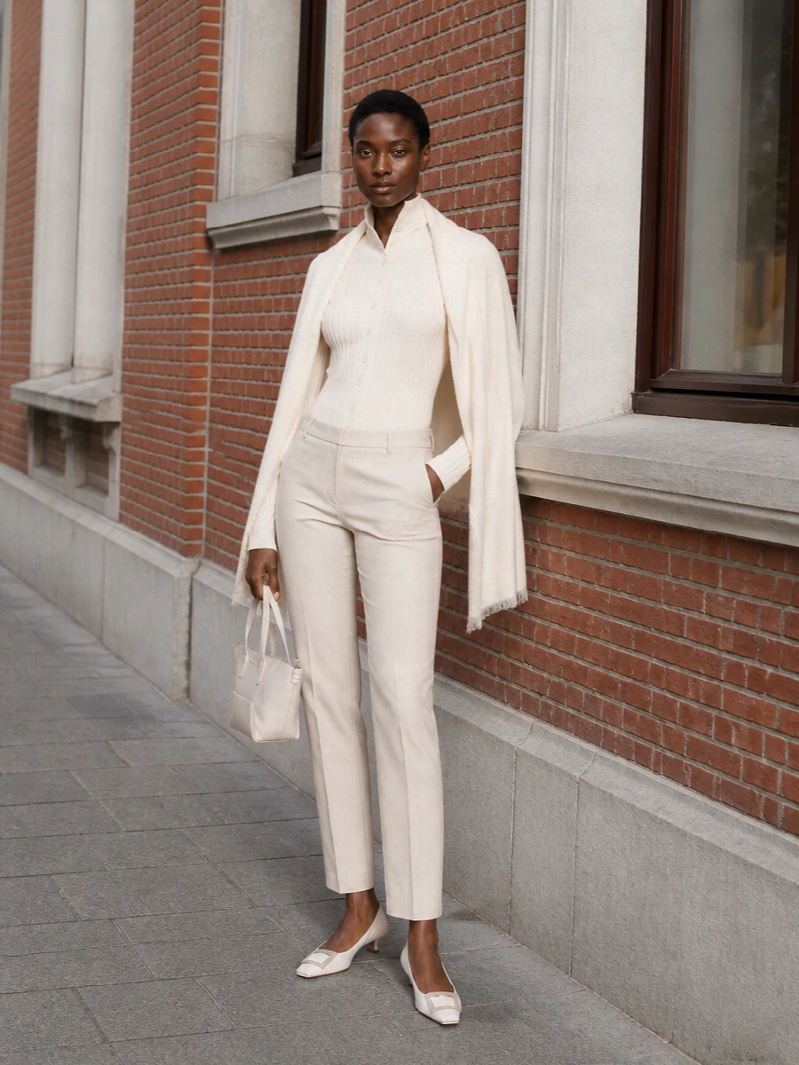 A cream ribbed knit meets slim beige tailoring for a quiet, elongated silhouette that feels precise yet soft. Ivory kitten-heel pumps and a structured top-handle bag keep the palette pale and intentional, while an airy stole adds an optional whisper of texture. The result is a polished neutral ensemble that moves easily from meetings to dinner without ever feeling overdone.