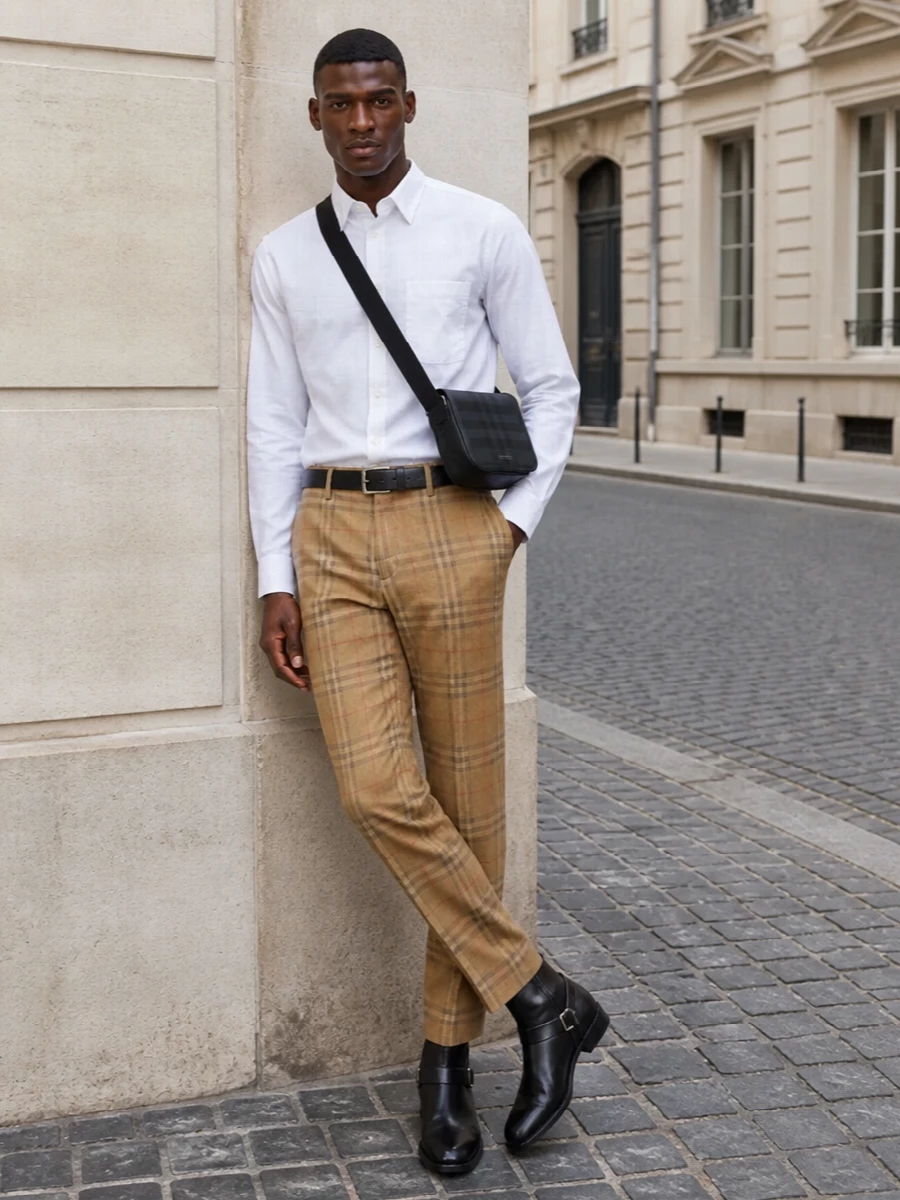 This look lets the camel check trouser take centre stage by pairing it with a crisp white shirt that only whispers Burberry at the collar. Black harness-style ankle boots and a tonal black crossbody sharpen the silhouette and add metropolitan polish, while a slim black belt finishes everything with a discreet, tailored line. The result is a refined FW outfit that feels unmistakably Burberry yet restrained and wearable day to night.