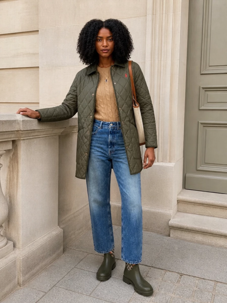 Polo ralph lauren quilted coat jeans outfit