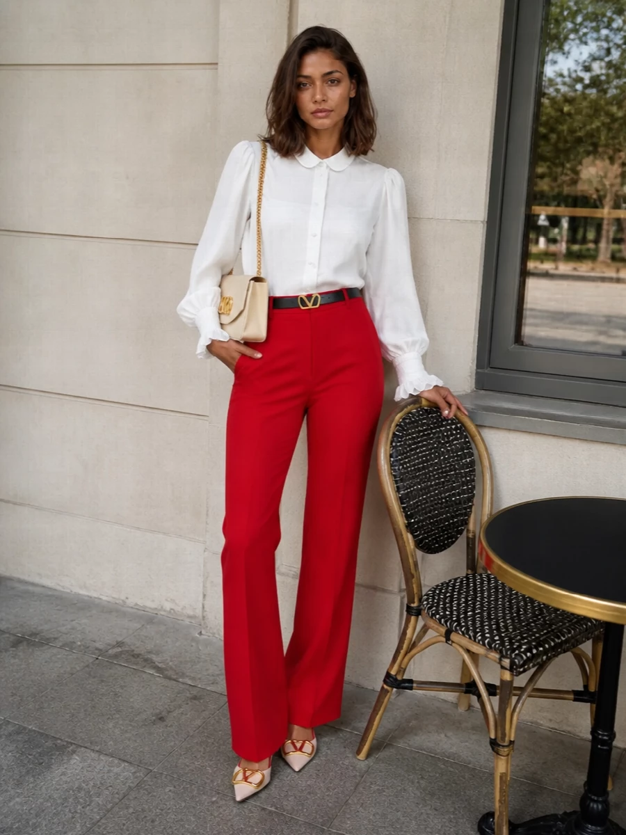 Sharp Valentino red tailoring is softened with a luminous white blouse for a clean, romantic take on evening polish. Blush slingbacks and a buttercream shoulder bag keep the palette light, while gold hardware and a slim black belt quietly echo the trouser’s signature V detail. The result is a long, leggy line that feels sculpted and romantic rather than overpowering.