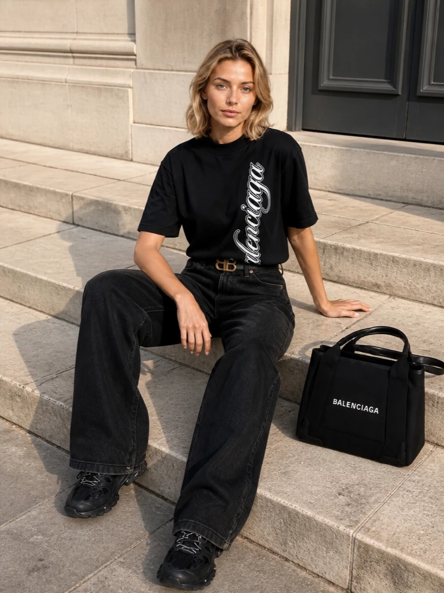 A black logo tee meets washed wide-leg Balenciaga denim for a clean, downtown uniform that feels graphic but not loud. Chunky technical runners and a structured logo tote keep the palette monochrome and the attitude precise, with a slim BB belt giving just enough definition through the waist. It is relaxed streetwear with clear designer intention from head to toe.