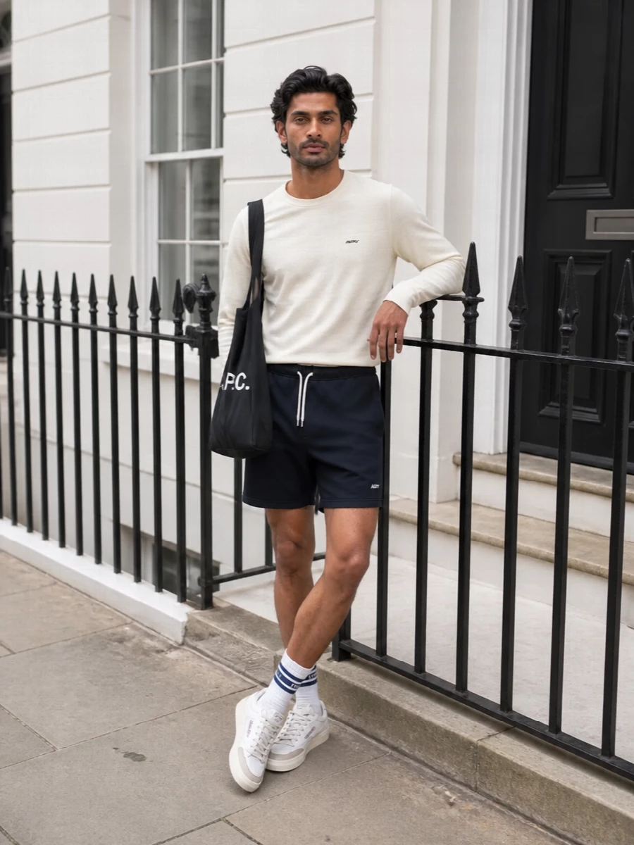 Soft ivory on top with navy below keeps this Autry pairing clean, relaxed and quietly sporty. Off-white retro court sneakers echo the tee’s tone, while the black logo tote and striped socks add just enough graphic edge for city days. The result is an easy, athletic uniform that feels intentionally minimal rather than basic.