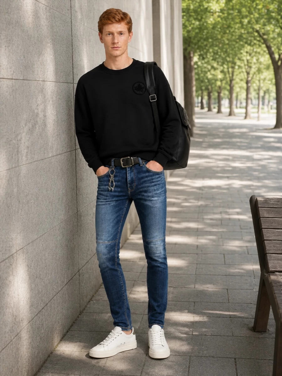 Dsquared2 moto jeans black crew sneakers outfit