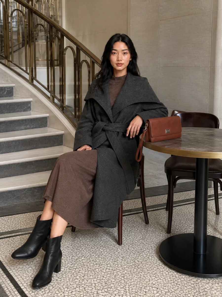 Max mara wrap coat mocha midi dress outfit