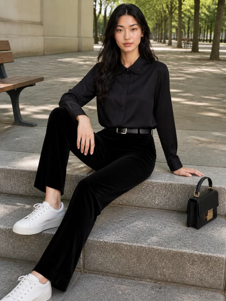 Golden goose black shirt velvet trouser outfit