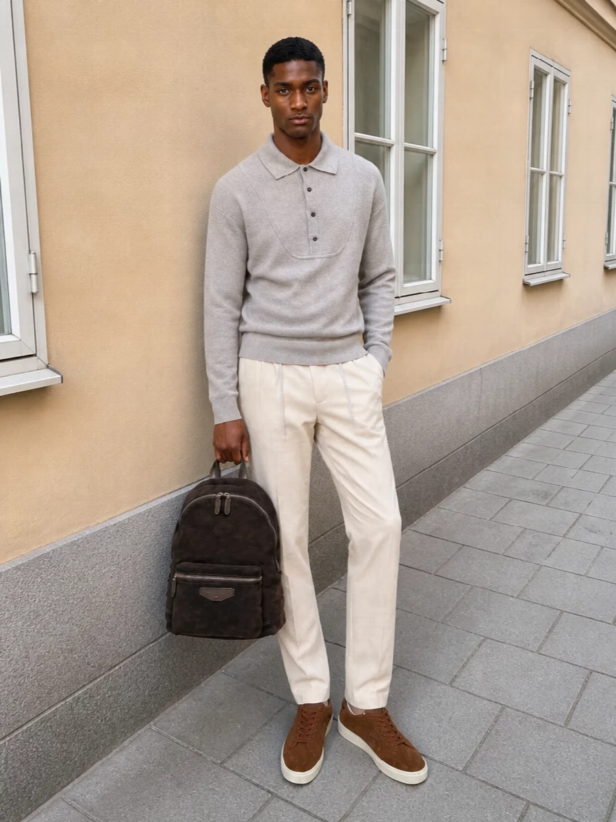 A taupe Jacquemus knit polo and light beige Eleventy chinos set up a soft, collegiate palette that flatters the warm chestnut Gucci sneakers. The straight leg and regular knit balance ease with polish, reading smart but relaxed. A chocolate suede backpack deepens the browns for a cohesive, quietly luxurious finish that works from coffee meetings to weekend galleries.