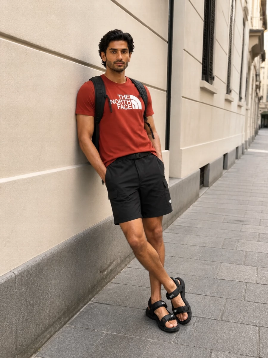 North face rust tee black cargo shorts outfit