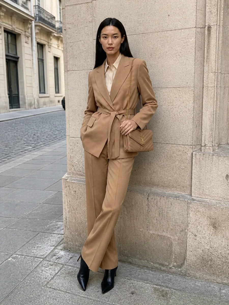 I’ve anchored this look around the blazer as part of a modern tonal suit, pairing it with the long, sharply tailored camel trousers and a soft butter Max Mara shirt for a clean, boardroom-ready column. The black pointed ankle boots and camel Saint Laurent envelope bag introduce just enough contrast and polish, keeping the outfit firmly in the quiet-luxury, FW city-tailoring space without feeling fussy. I chose the TOP + BOTTOM route over dresses because it best extends the suiting narrative already implied by the blazer, delivering a cohesive, intelligent workwear uniform.