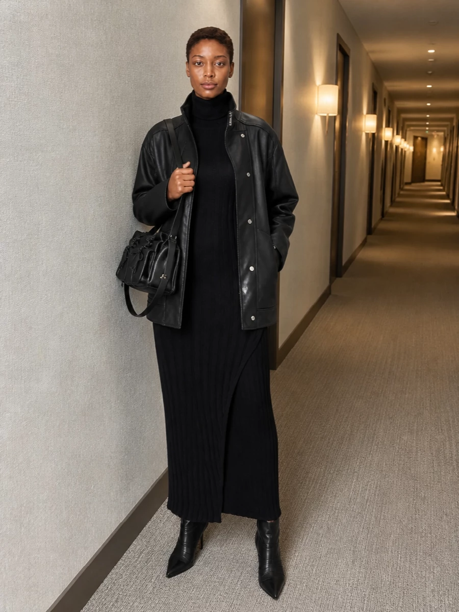 Ann demeulemeester black knit dress leather coat