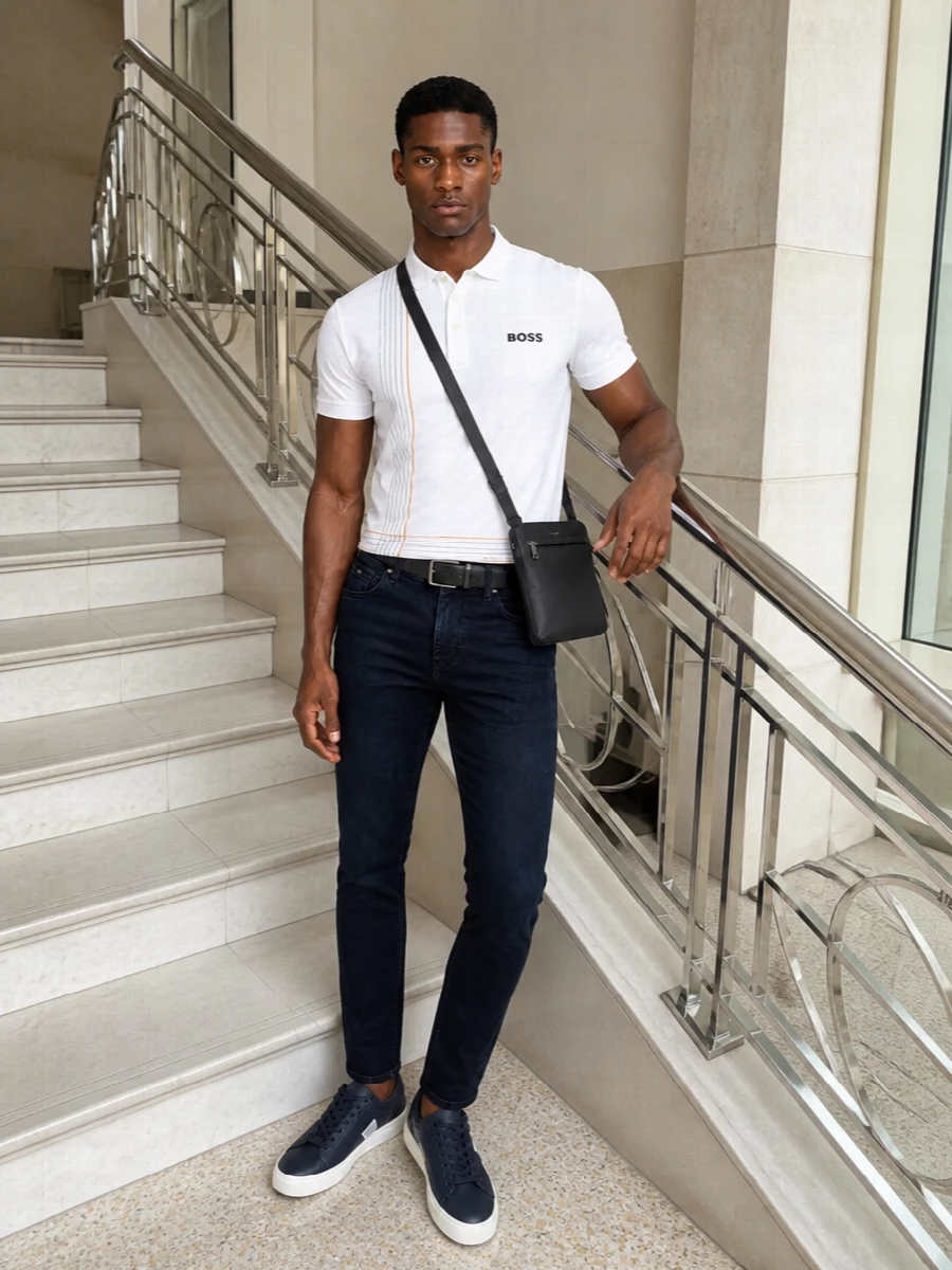 Boss polo dark slim jeans navy sneakers