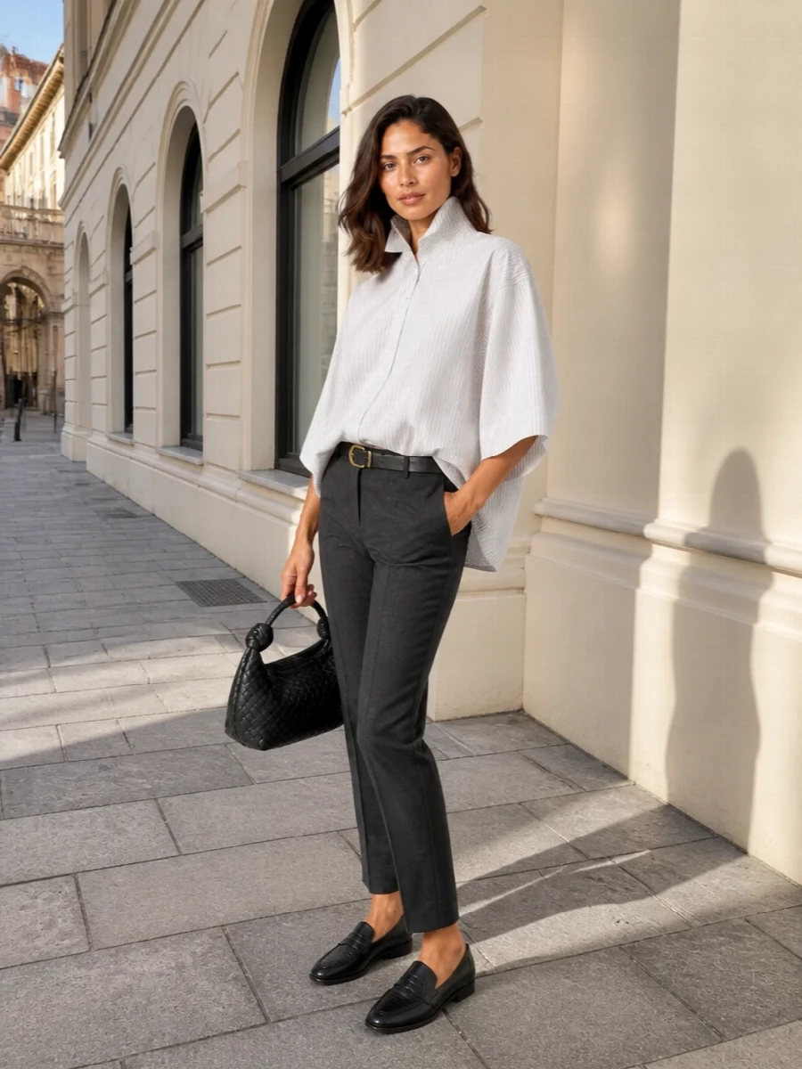 Bottega veneta striped shirt charcoal trousers