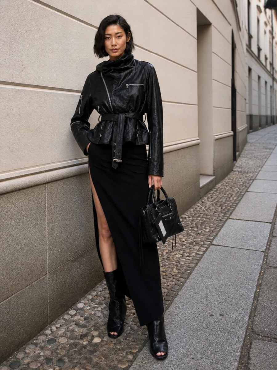 I’m anchoring this around the gown rather than separates so the leather moto can exaggerate a single, long, asymmetric column instead of fighting a trouser break. The Rick gown, wedge boots and moto bag give you a severe, sculpted evening silhouette that is pure dark utility at a luxury level. It is built for late dinners and night streets where the jacket has real presence but the lines stay clean and uncompromised.