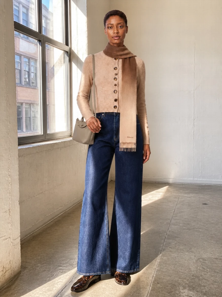 Loulou studio camel cardigan wide leg jeans outfit