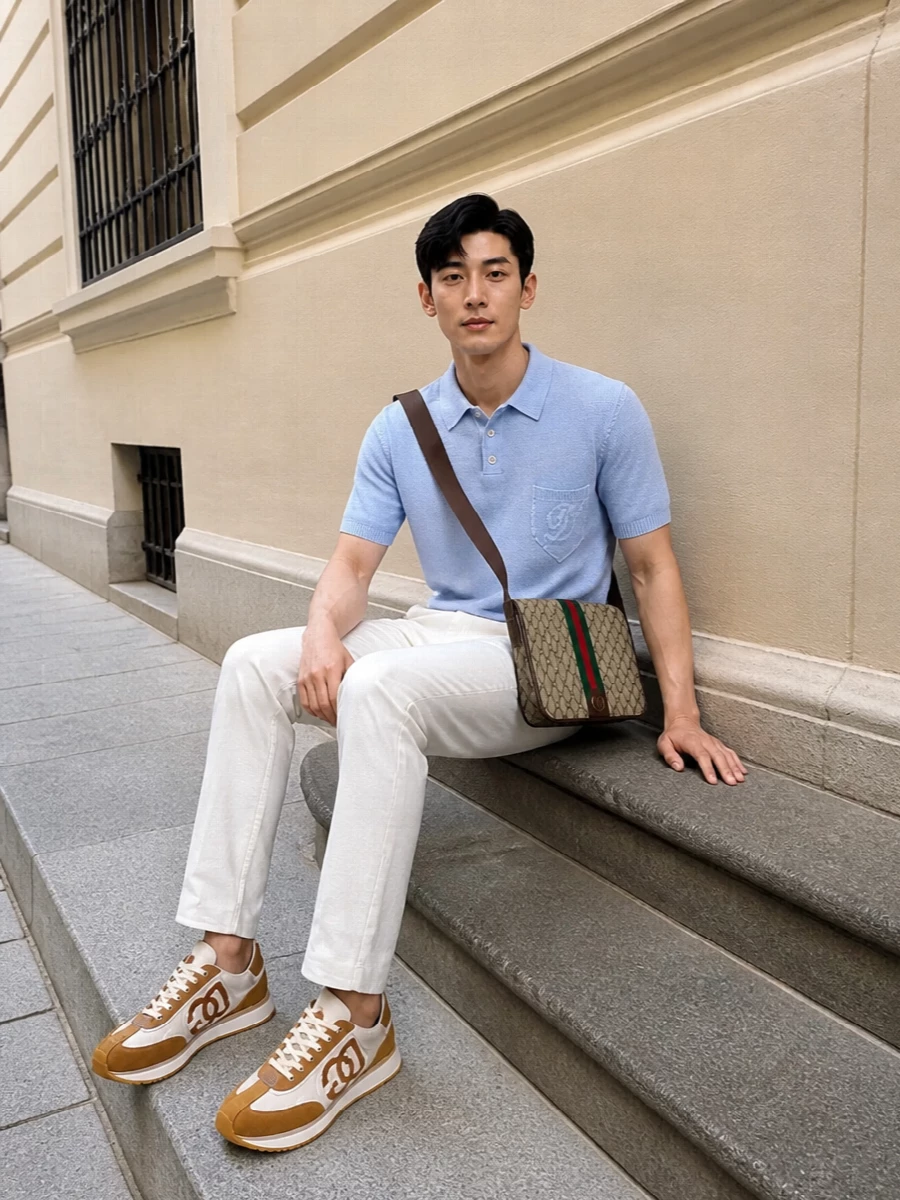 Dolce&Gabbana’s earthy runners meet a Dsquared2 ice blue knit polo and off‑white straight‑leg trouser for a clean, preppy take on warm‑weather dressing. The soft neutrals and gentle color contrast keep everything cohesive, while the Gucci GG messenger adds a clear designer note without overpowering the relaxed silhouette.