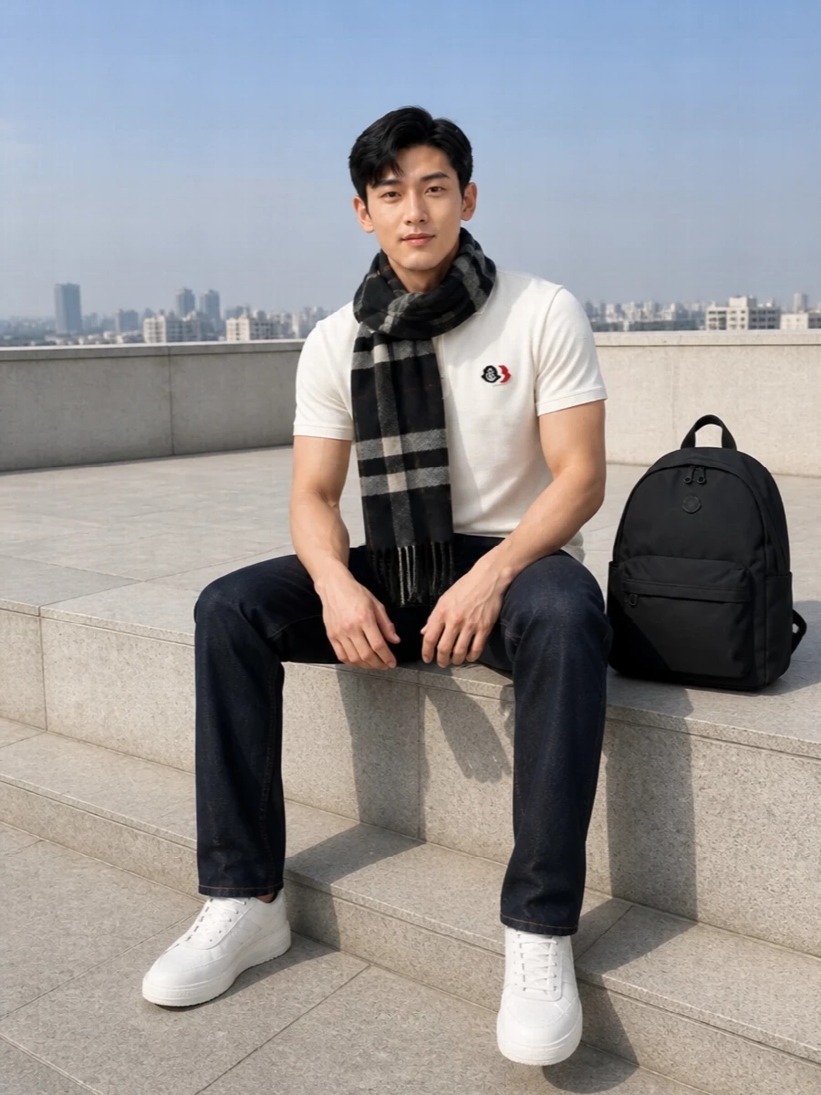 Moncler polo dark denim white sneakers outfit