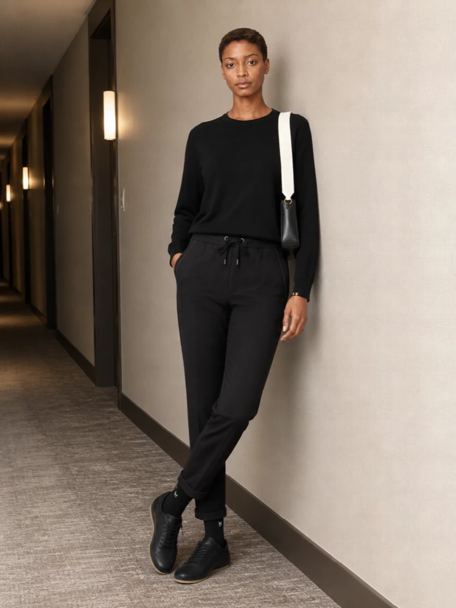 Extreme cashmere sweatshirt black track pants outfit