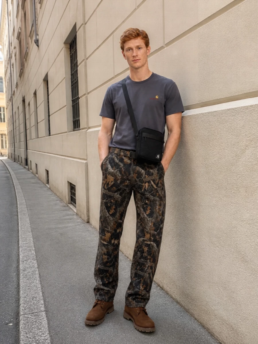 Carhartt camo jeans charcoal tee brown boots