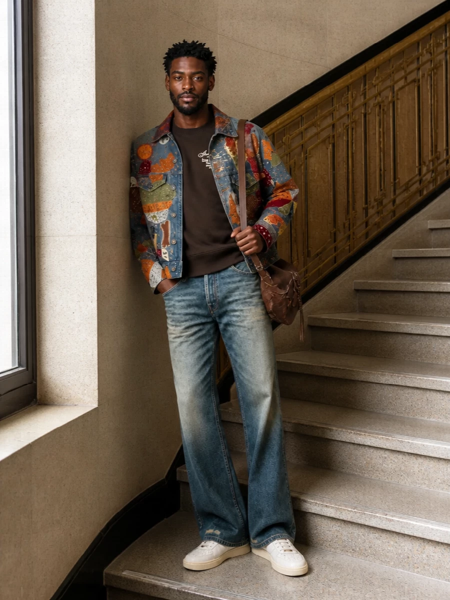 Amiri patchwork denim jacket straight jeans outfit