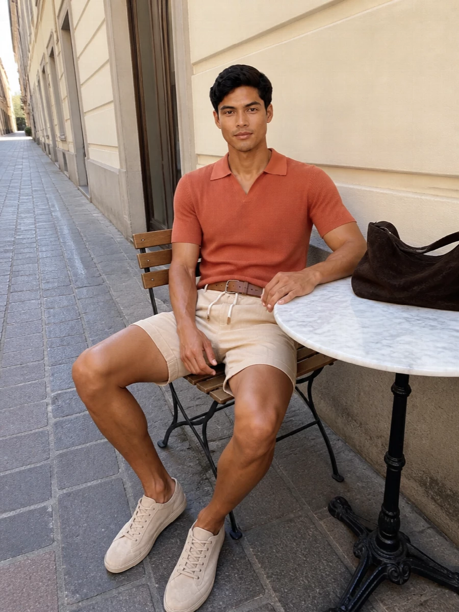 Brunello cucinelli terracotta polo beige shorts outfit