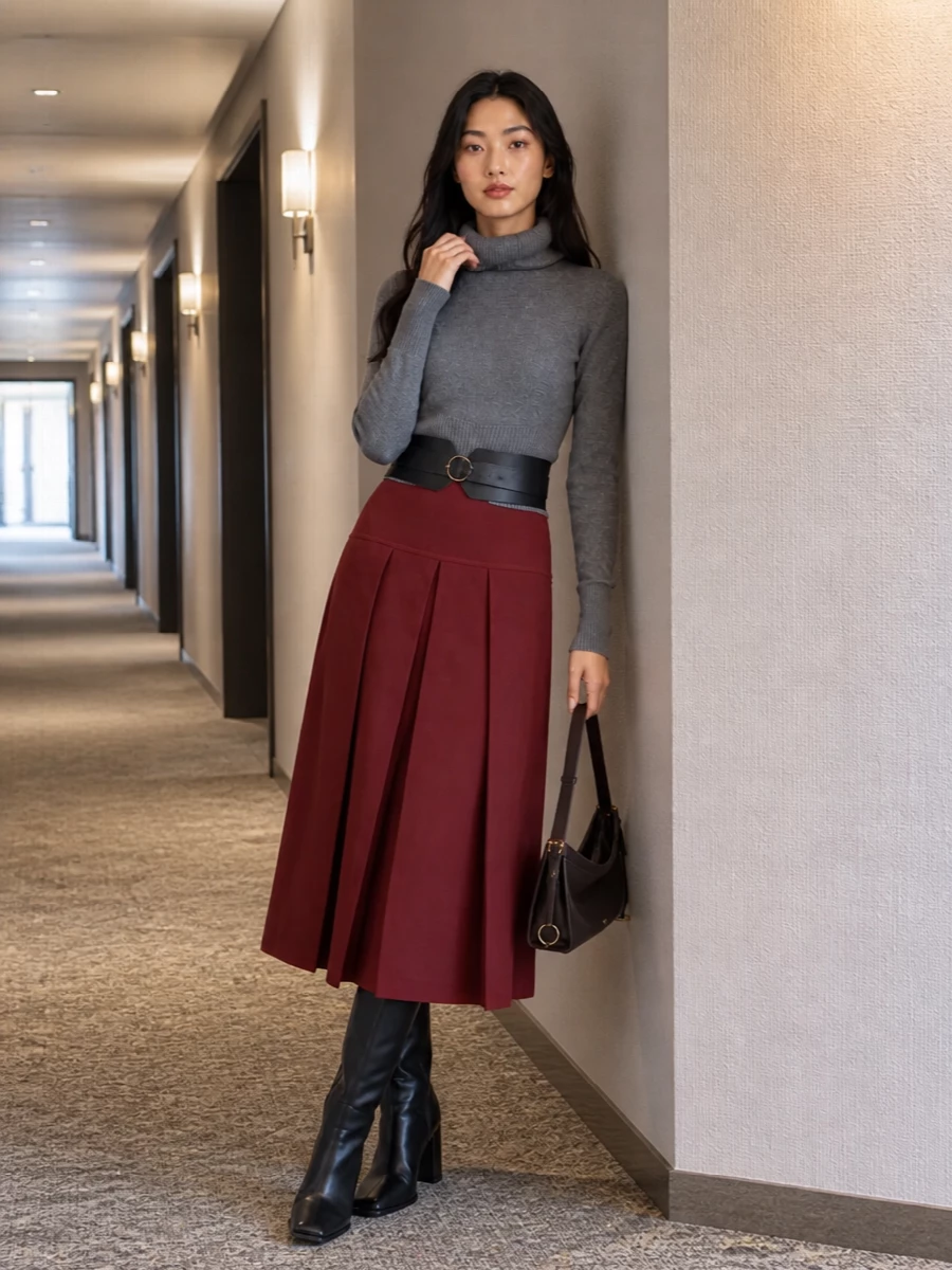 Alaia red midi skirt outfit turtleneck boots