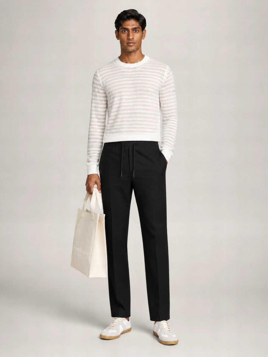 Mm6 Maison Margiela Striped Cotton Knitted Logo Appliqué Crewneck Sweater