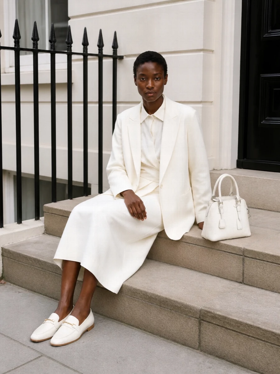 Max mara ivory wrap dress blazer loafers outfit