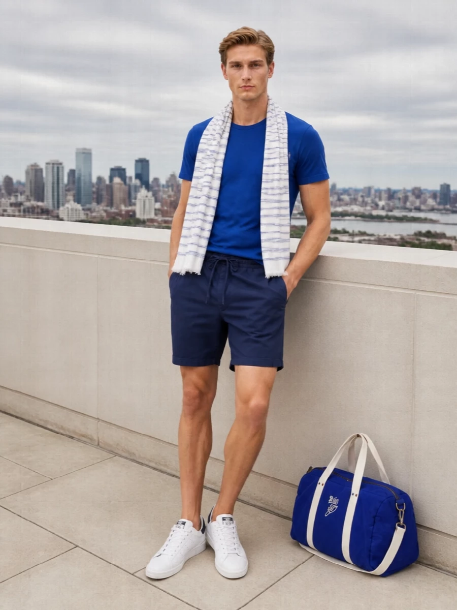 A cobalt tee and washed navy shorts keep the palette tight and quietly sporty, ideal for warm days in the city or by the water. Clean white and navy court sneakers underline the preppy energy without feeling overdone. A royal-blue duffle and a fine striped scarf round things off with practical, easy colour that still feels pulled together.