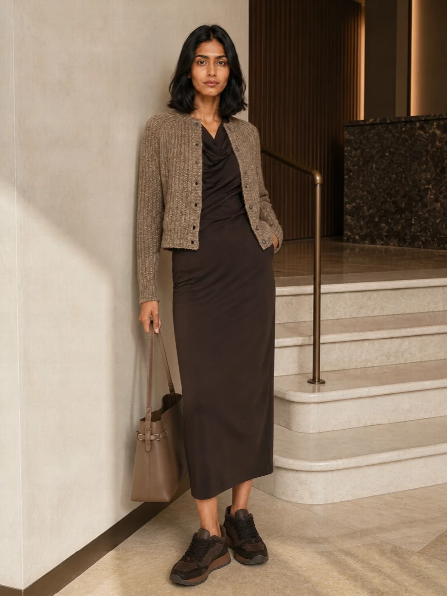 Brunello cucinelli cardigan chocolate midi dress