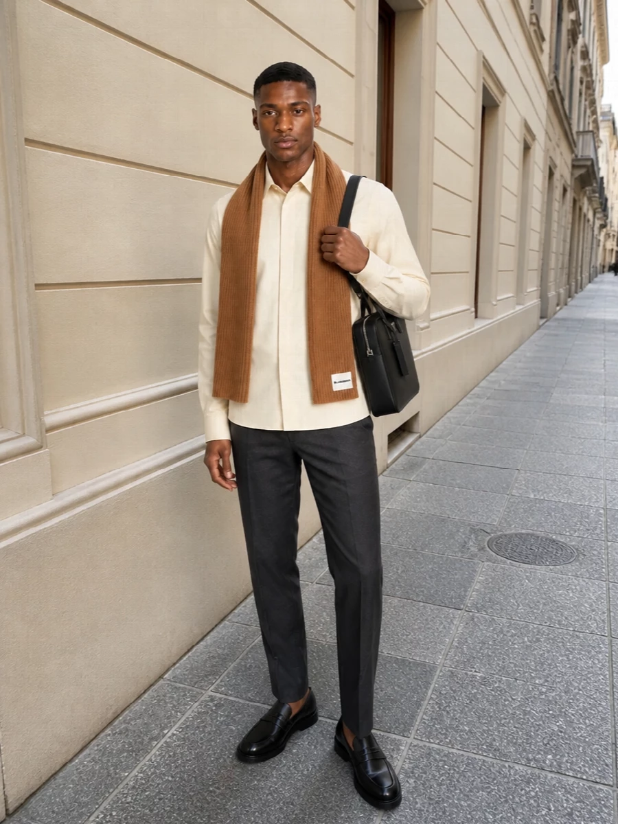 Jil sander charcoal trouser butter shirt outfit