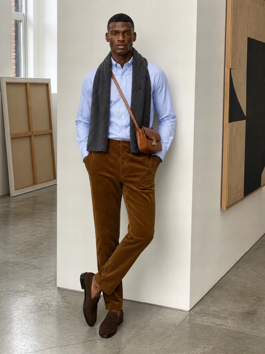 A pale blue striped Oxford meets caramel corduroy for a polished take on collegiate prep that still feels relaxed. Dark brown suede loafers and a cognac leather crossbody keep the outfit quietly refined while warming up the palette. The charcoal scarf finishes it with a soft, understated layer that works from office-friendly days to easy dinners.