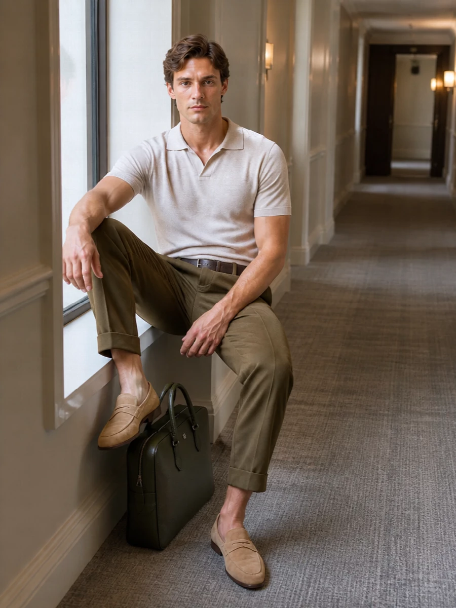 Olive pleated trousers meet a light beige knit polo for a quietly refined warm-weather uniform that feels relaxed but still intentionally tailored. Sand suede loafers and a slim dark-brown belt keep the palette soft and coherent, while the olive briefcase adds structure and purpose without breaking the calm, muted harmony.