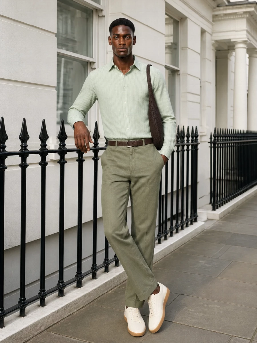 Dries van noten sage shirt green trousers outfit