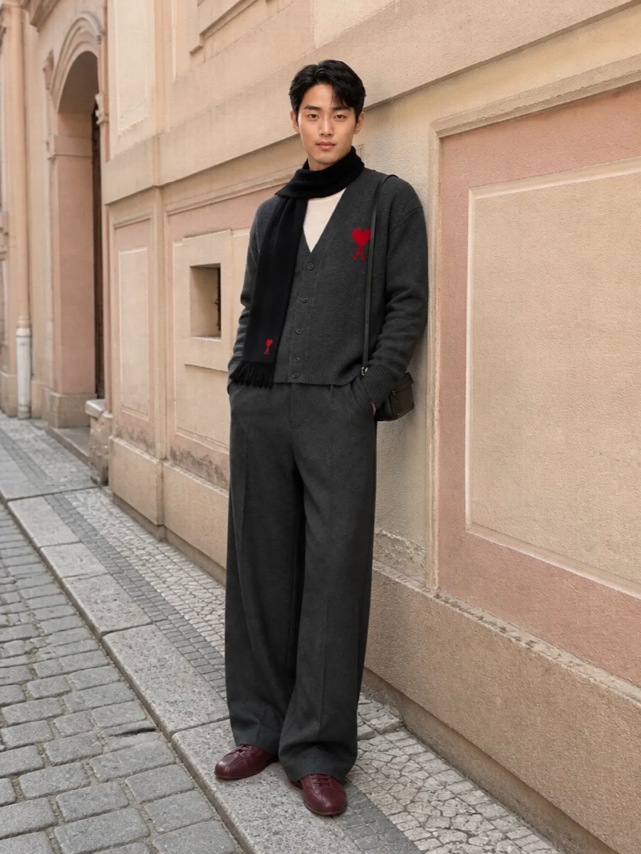 Ami cardigan wide leg trousers burgundy sneakers