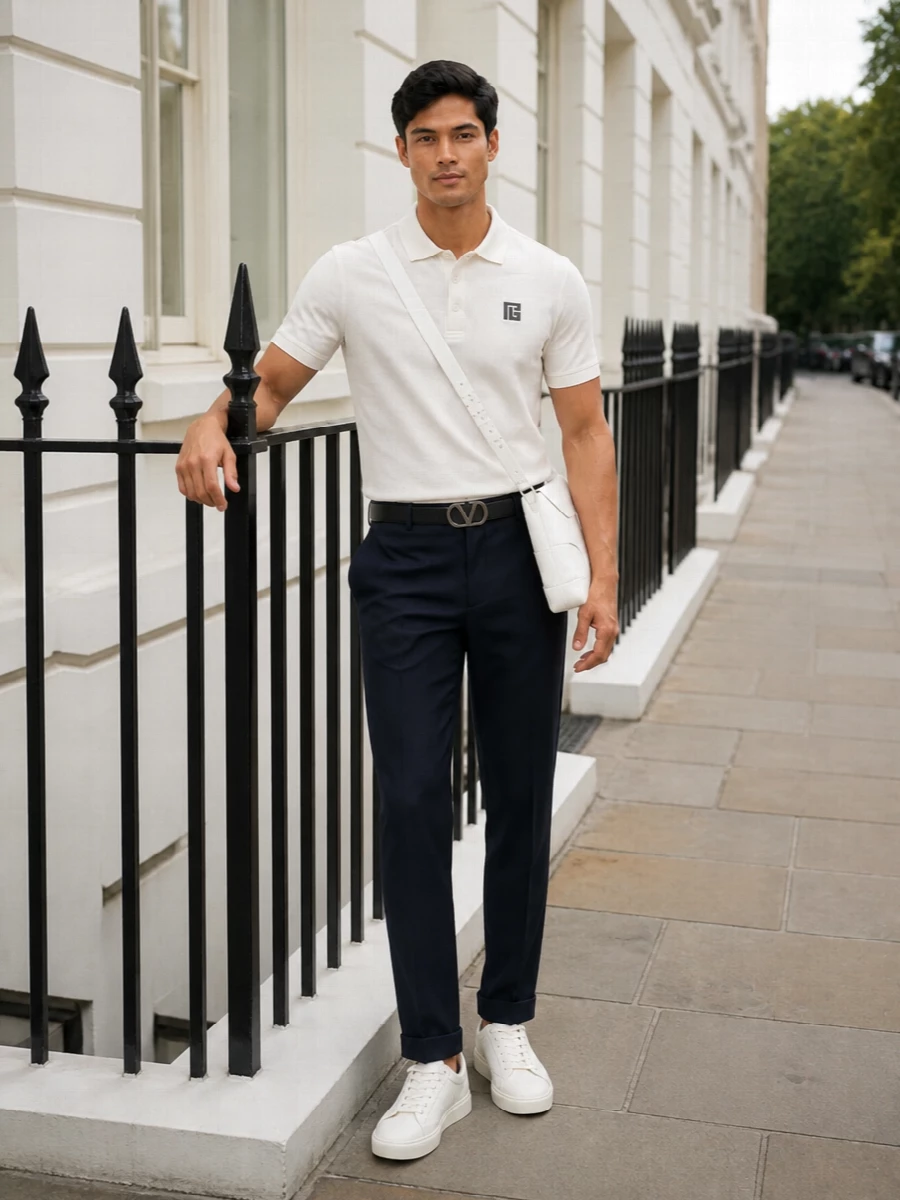 Balmain polo navy trousers white sneakers