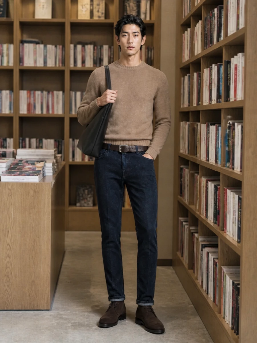 Pt torino navy jeans camel sweater suede boots