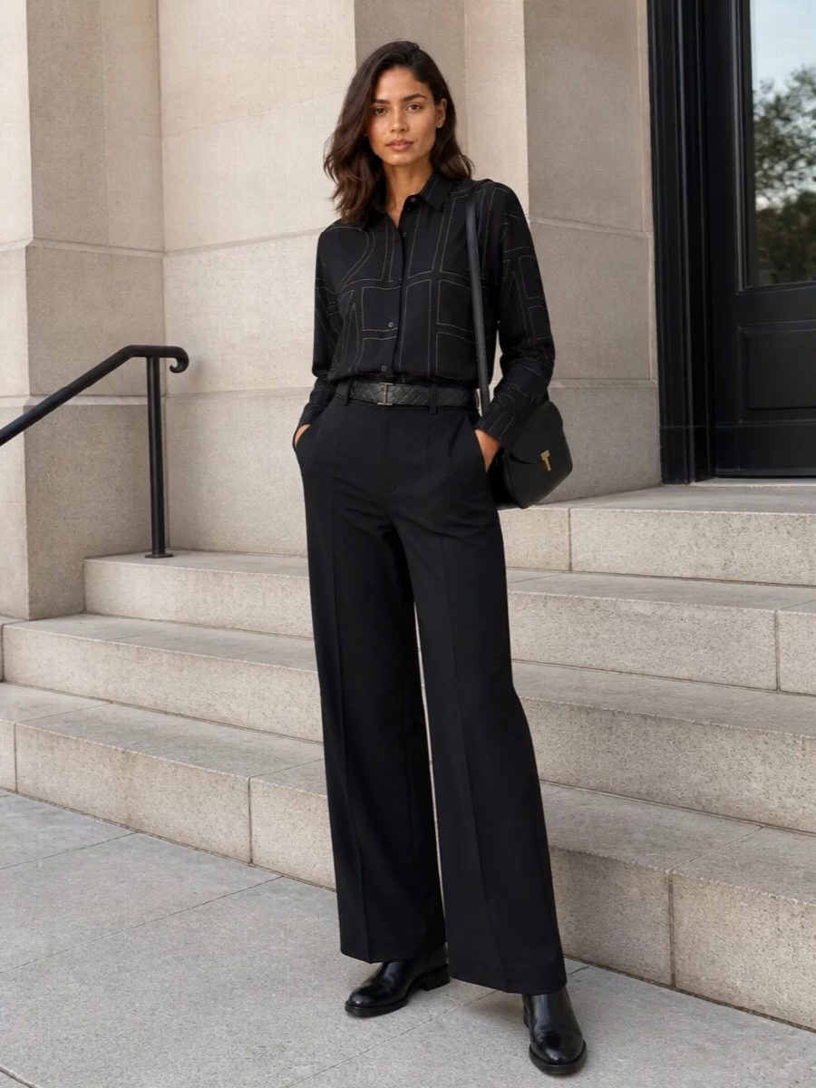 Toteme black shirt wide leg trouser outfit