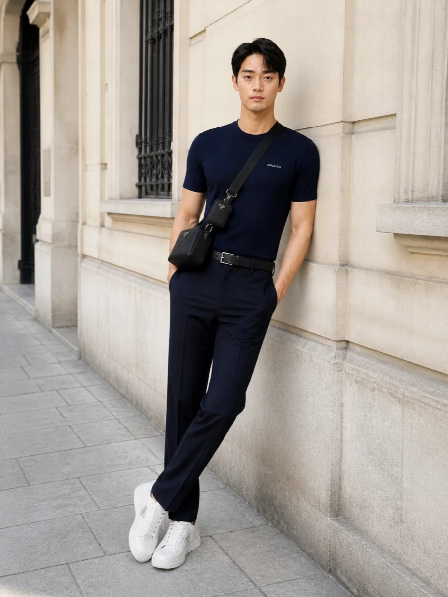 Prada navy monochrome outfit trousers sneakers