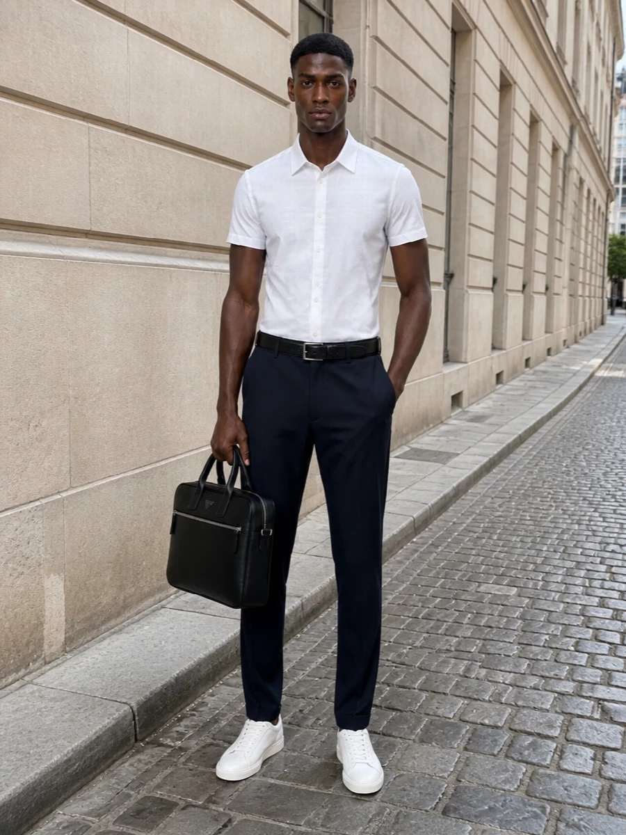 Emporio armani white shirt navy trouser outfit